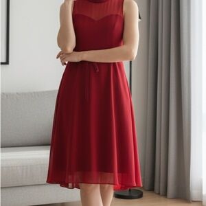 Allure Bridals Bridesmaid sweetheart neckline sheer top red flowy midi dress 14